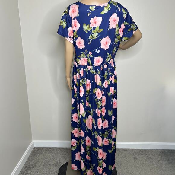 Blue Floral Rose Short Sleeve Maxi Dress - Picture 3 of 8